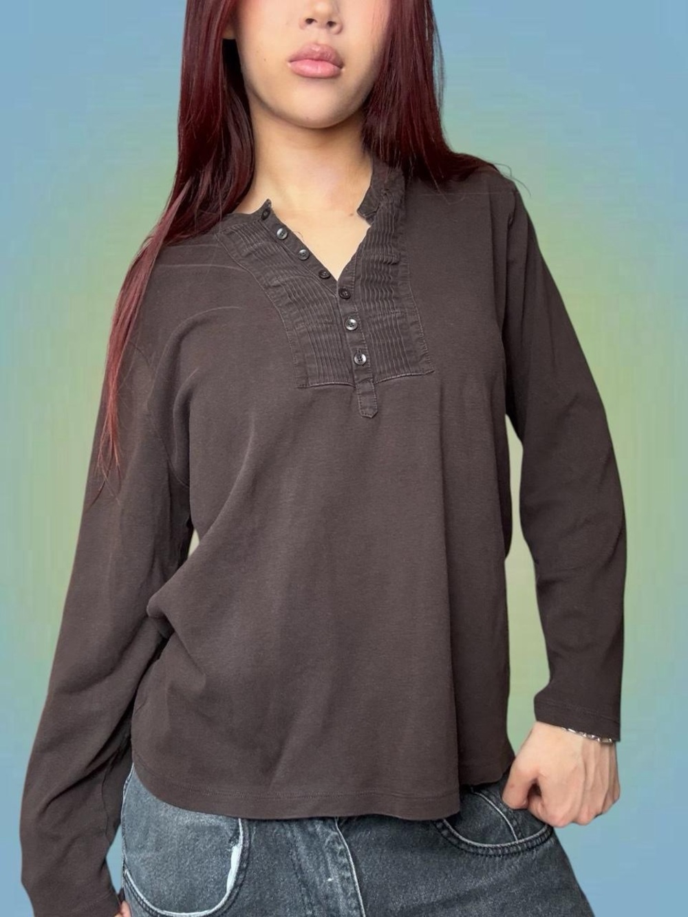 Women's Long Sleeve Henley Top in Dark Brown